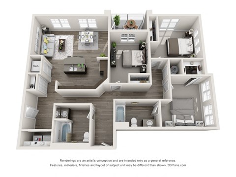Floor plan for 3 beds, 2 baths, 1238 sqft